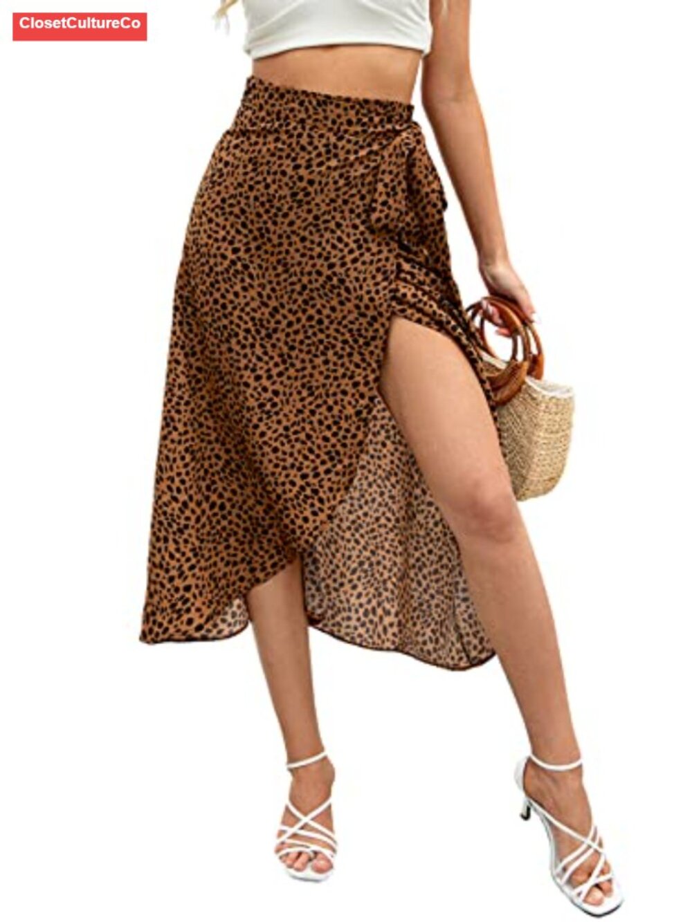 Boho Leopard Chiffon High Low Wrap Midi Skirt Slit Summer Beach Coverup